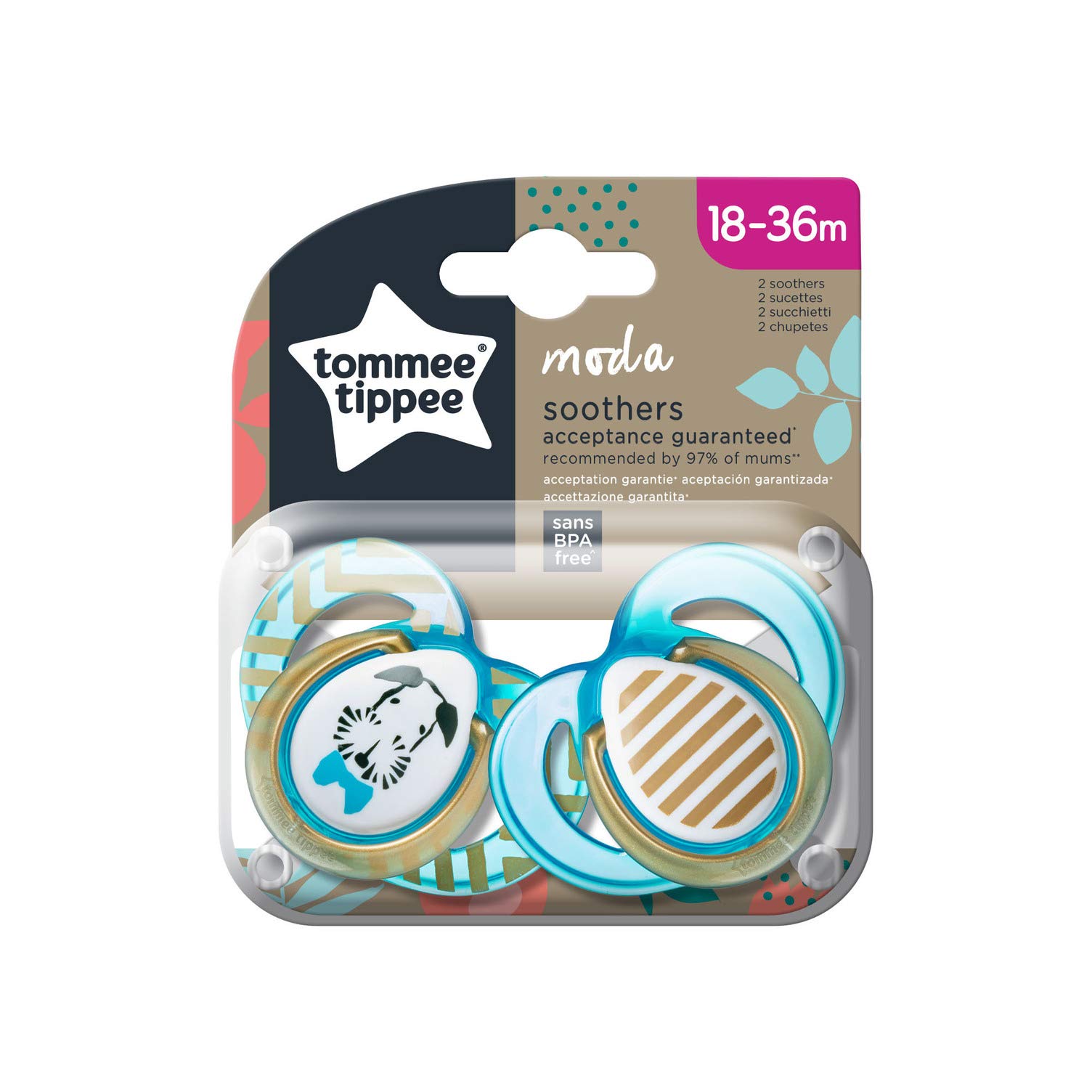 Tommee Tippee Moda Dummy, Symmetrical Orthodontic Shape, BPA-Free Silicone, 18-36 m, Pack of 2, Multi-Colour