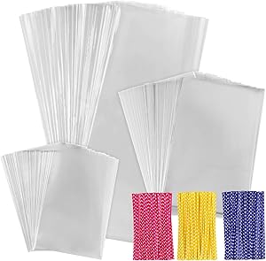 300 PCS Clear Cellophane Treat Bags with 300 PCS 4