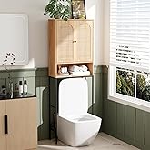 VINGLI Over The Toilet Storage Cabinet, Rattan Bathroom Organizer Behind Toilet,Above Metal Stand Rack Tall Freestanding Wood Cabinet with Wicker Doors,Adjustable Shelf for Bathroom,Restroom,Bohemian