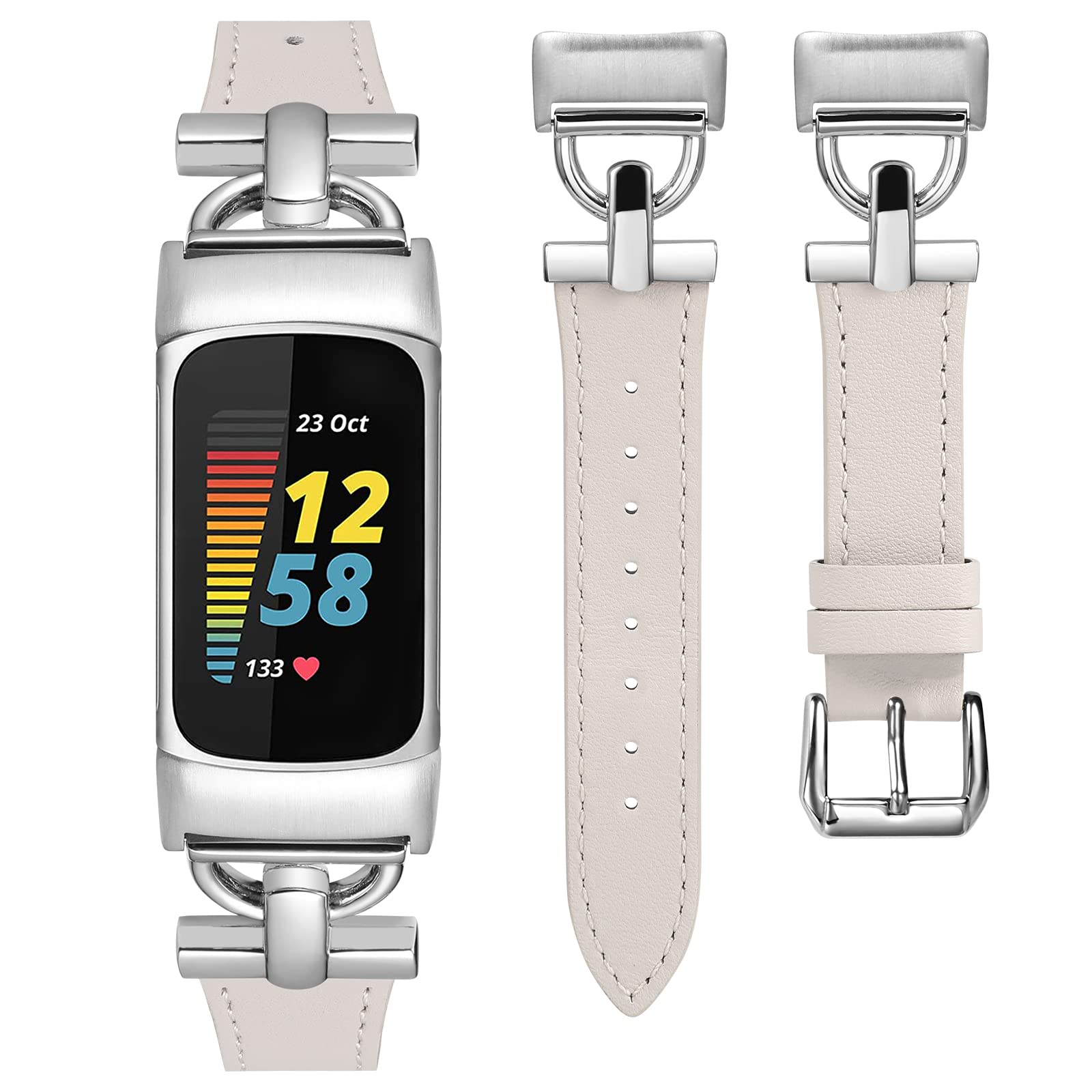 Wearlizer Leather Strap Compatible with Fitbit Charge 5 Strap for Women, Soft Genuine Leather Sport Wristband with Unique D-Shape Metal Buckle, Replacement Strap for Fitbit Charge 5 Activity Track