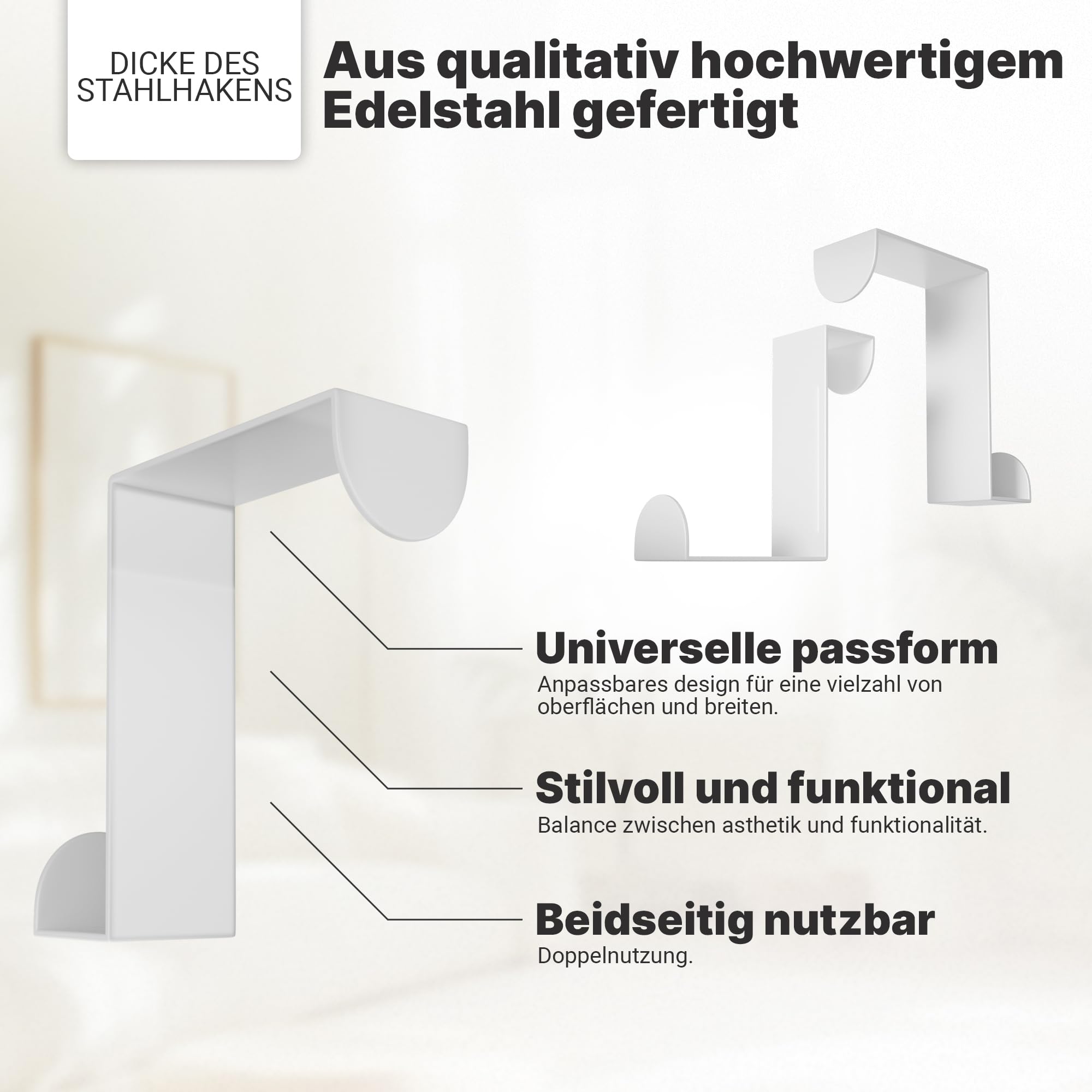 Minismus Türhaken zum Einhängen – Edelstahl Kleiderhaken Tür – Einzeln verwendbare Türgarderobe Haken Garderobenhaken – Aufhängehaken – Einhängehaken 4er Set (Weiß) 4