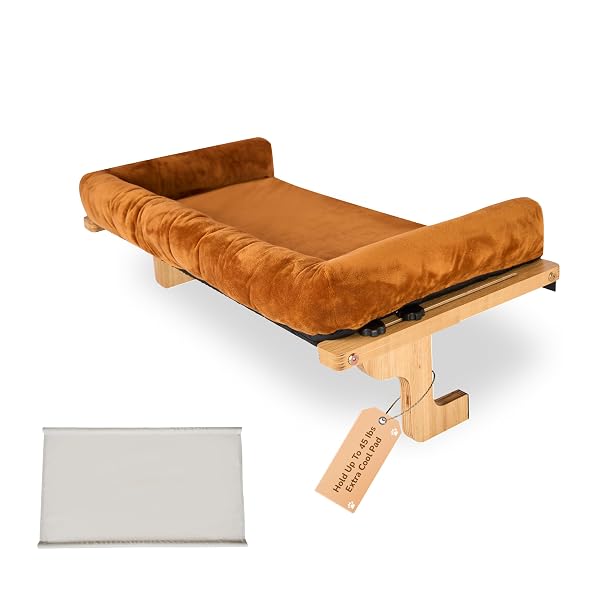 [READY TO GIFT] PURRHOUSE 45LBS CAT WINDOW PERCH WITH BOLSTER, HAMMOCK SEAT WITH PLYWOOD & METAL FRAME, CAT BED FOR WINDOWSILL, BEDSIDE AND CABINET (NATURAL WOOD & BROWN CUSHION, 24.8”W X 9.4”H)