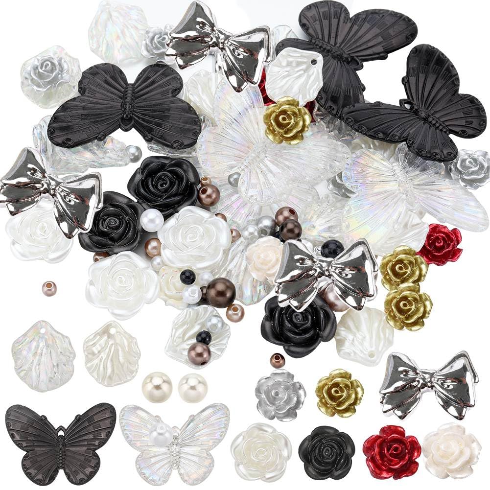 SUNNYCLUE 264Pcs Resin Beads Charms 3D Flatback Assorted Plastic Beads Bulk Black White Gothic Halloween Butterfly Charms Glitter Rose Flower Bead Cabochons Pearl Bead for jewellery Making Kits