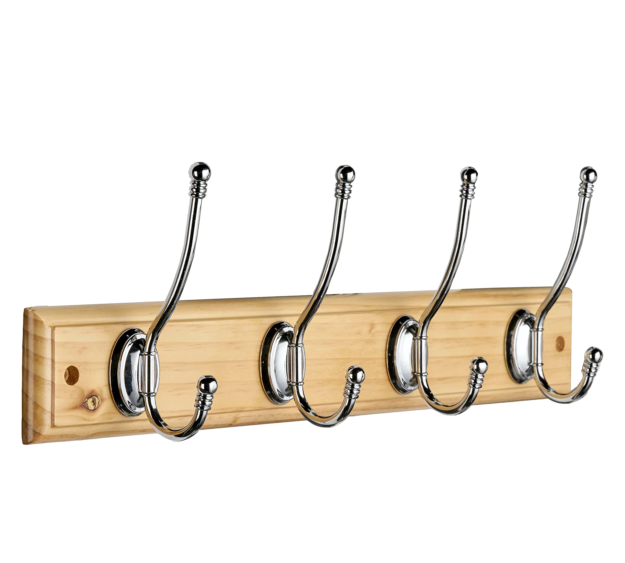 Hiatt Hardware 4 Ball End Hat and Cat Hooks - Polished Chrome on Pine - Wood Wall Rack - Hookrail