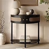 Stead Rattan Half Moon Shaped Small Entry Table, Console Desk with Storage for Narrow Spaces, Modern Home Decor, Cane Console