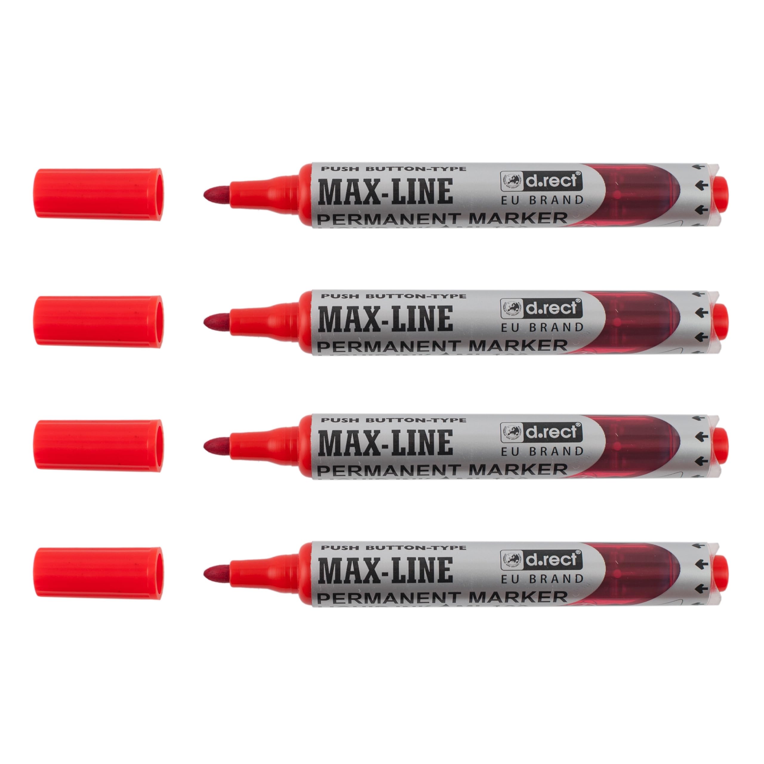 D.RECT Red Permanent Marker Round Tip, featuring Pump Mechanism - Robust Permanent Marker with Piston, Pack of 4