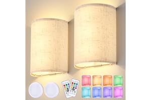 OCATO Wall Sconces Set of Two Battery Operated: Magnetic Wall Lamp Rechargeable Wall Lights 16 RGB Colors Dimmable with Fabric Linen Shade Remote Control Wall Decor for Bedroom Living Room Hallway