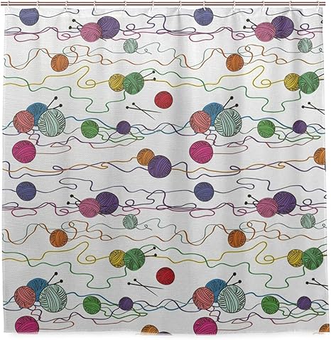 Amazon Ecomaomi シャワーカーテン 防水 ポリエステル 風呂カーテン 浴室 おしゃれ かわいい 編みボールかぎ針編み手工芸品ステッチ糸 趣味テーマ芸術的なイラスト 取付簡単 浴室 間仕切り カーテンリング付属 シャワーカーテン ホーム キッチン オンライン通販