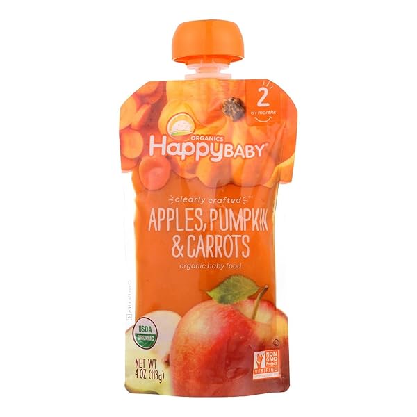 HAPPY BABY ORGANICS STAGE 2 BABY FOOD POUCHES, GLUTEN FREE, VEGAN & HEALTHY SNACK, CLEARLY CRAFTED FRUIT & VEGGIE PUREE, APPLE PUMPKIN & CARROTS, 4 OUNCES (PACK OF 1)