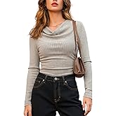 CUPSHE Womens Long Sleeve Shirts Ribbed Lightweight Tunic Sweater Ruched Cowl Neck Fall Fashion Outfits