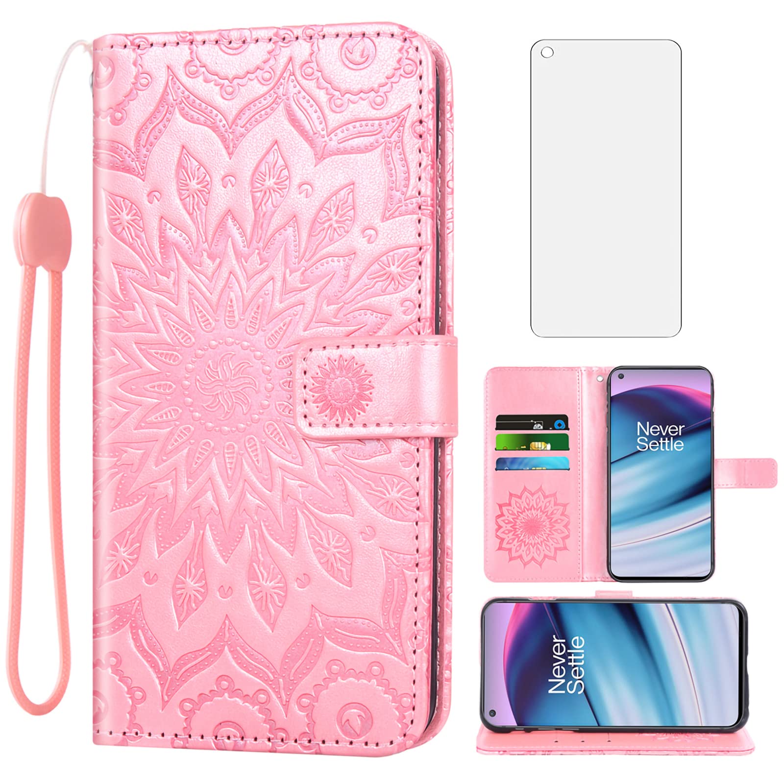 Phone Case for OnePlus Nord CE 5G Wallet with Tempered Glass Screen Protector Leather Slim Flip Cover Card Holder Stand Cell Accessories One Plus CE5G Euro 1 Plus 1plus One+ 1+ EC G5 Women Rose Gold