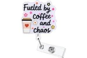 BVIIE Fueled by Coffee and Chaos Funny Badge Reel | Retractable ID Card Badge Holder | Coffee Lover Badge Buddy | Office Gifts for RN CNA MA LPN ER Nurse Doctor Teachers Coworkers | Acrylic｜Alligator Clip