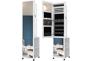 Hzuaneri 8 LEDs Jewelry Cabinet Armoire, 66.9-inch Jewelry Organizer with Garment Rack, Lockable Full-length Mirror with 4 Wheels, Storage Shelves with Hooks, 5-in-1, White and Black JC17003B