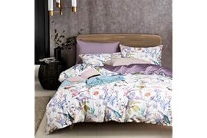 VM VOUGEMARKET Purple Floral Birds Duvet Cover Set,Botanical Flower Plants Pattern Bedding Set in Lilac with Zipper Closure No Comforter(3pcs, Queen Size)