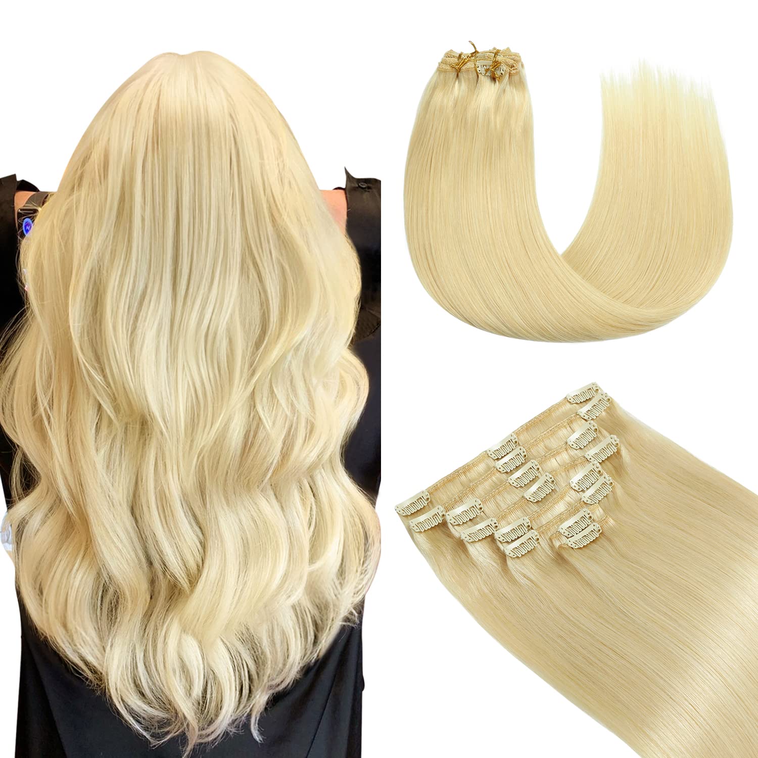 Yilite Blonde Clip in Hair Extensions Real Hair Extensions Clip in 20 Inch Remy Straight Platinum Blonde Double Weft Full Head #613 120g 8pcs