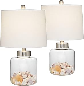 Coastal Accent Table Lamps Set of 2 Small Clear Glass Fillable Shells White Drum Shade for Living Room Family Bedroom - 360 Lighting