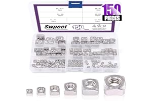 150Pcs 304 Stainless Steel 6 Sizes Metric Square Nuts Assortment Kit, Machine Screw Nuts Metric Coarse Thread - M3 M4 M5 M6 M