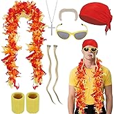 7 Pieces Halloween Costume Kit Includes Wig Pieces Feather Boa Fake Mustaches Bandana Tennis Wrist Sweatbands Glasses and Cross Necklace for Adult Halloween Cosplay Party