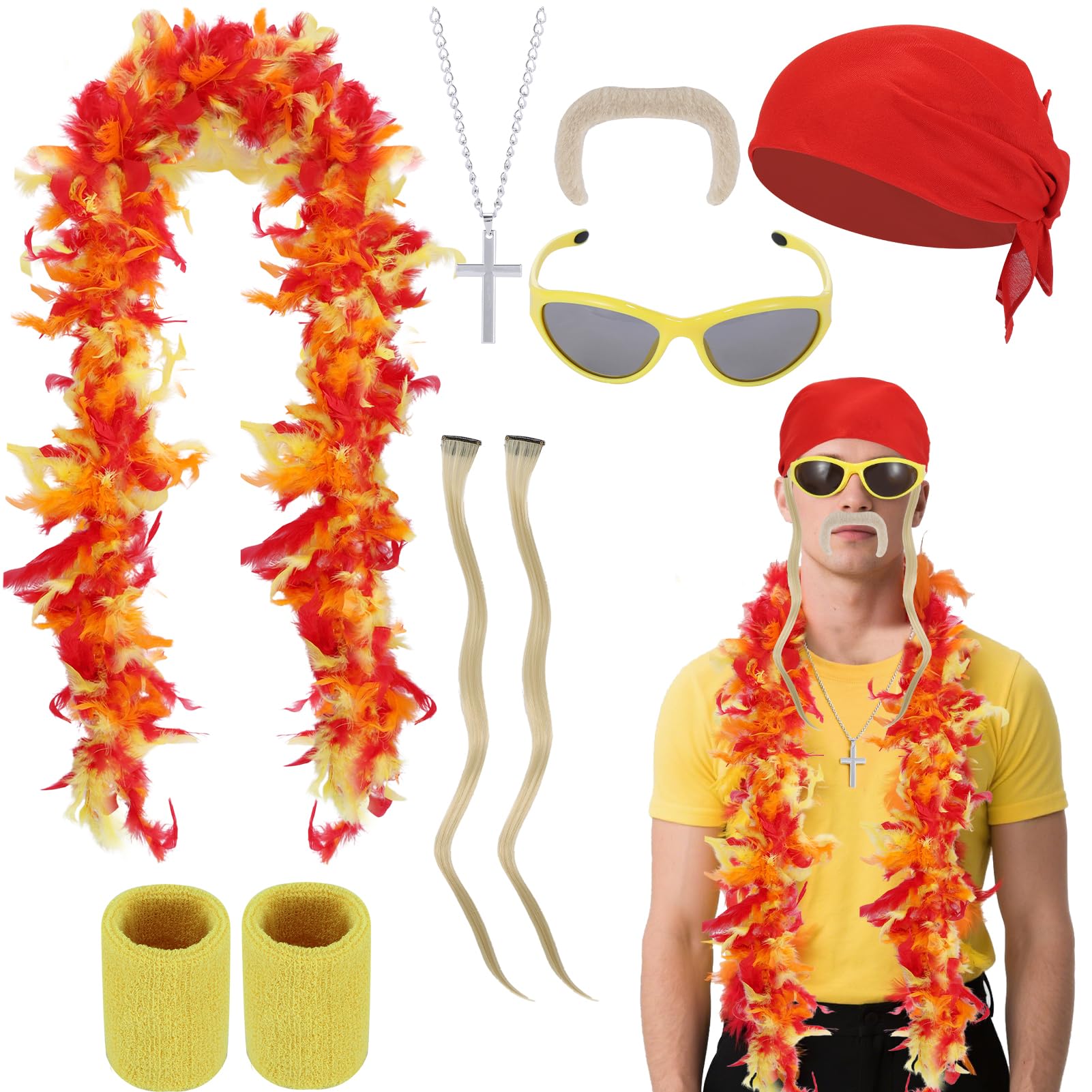 Photo 1 of * only comes with hair necklace and sweat band *
7 Pieces Halloween Costume Kit Includes Wig Pieces Feather Boa Fake Mustaches Bandana Tennis Wrist Sweatbands Glasses and Cross Necklace for Adult Halloween Cosplay Party