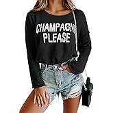 CURBODO Womens Fashion 2026 Champagne Please Graphic Long Sleeve Pullover Sweater Loose Crewneck Knitted Sweatshirt Tops