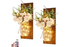 HOMECOR Rustic Wall Sconces Mason Jar Sconces Handmade Wall Art Hanging Design with Remote Control LED Fairy Lights and White Peony,Christmas Decor Gift Farmhouse Wall Home Decor Living Room Lights Set of Two