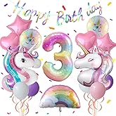 Pastel Rainbow Unicorn 3rd Birthday Party Decorations, Pink Purple Balloon with Large Unicorn Helium Balloons for Girl Birthday Party Garden & Fairy Theme Spring Decor (number 3 set)