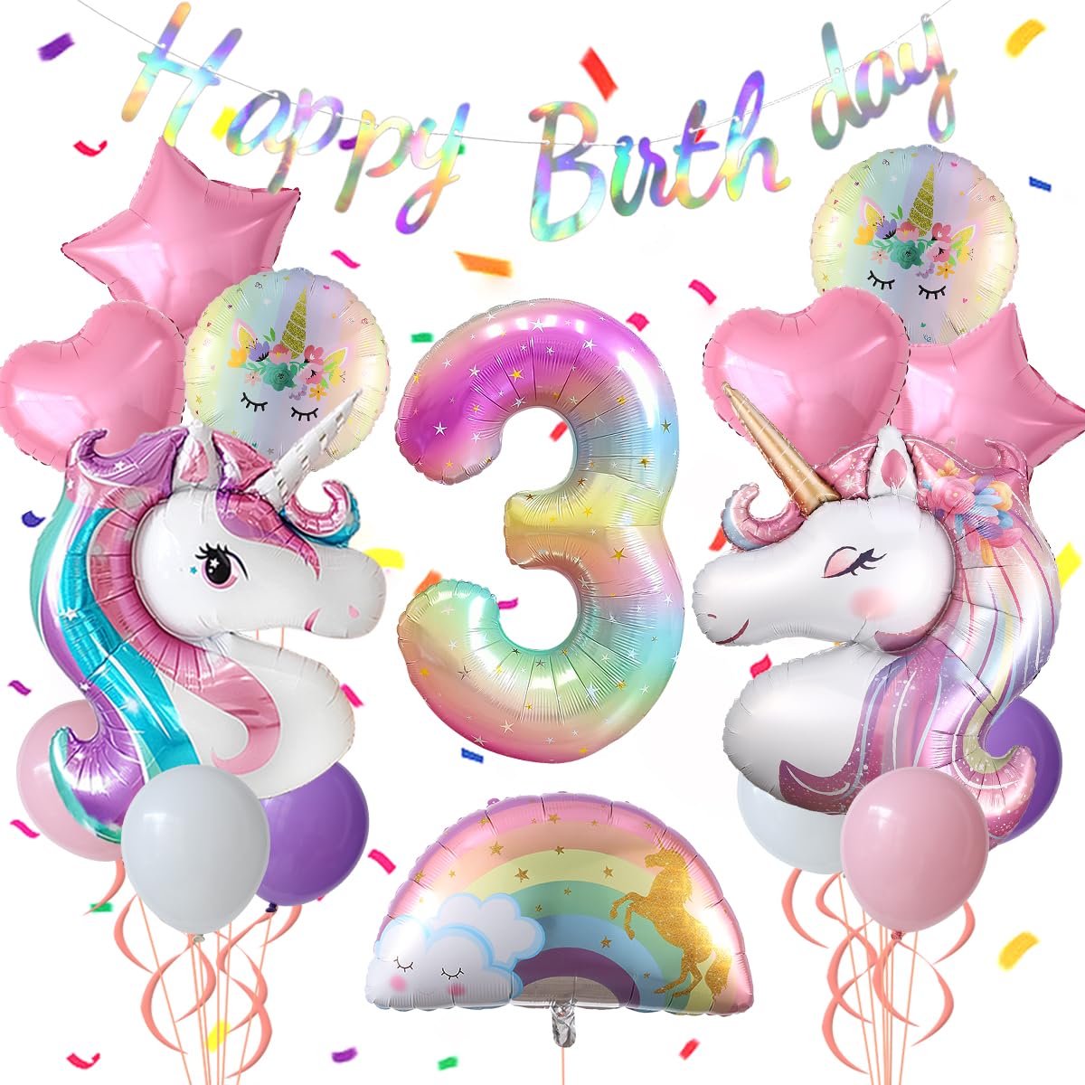 Pastel Rainbow Unicorn 3rd Birthday Party Decorations, Pink Purple Balloon with Large Unicorn Helium Balloons for Girl Birthday Party Garden & Fairy Theme Spring Decor (number 3 set)