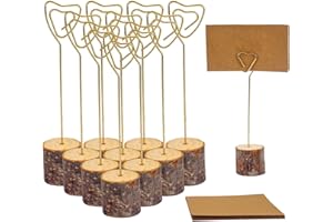 LEPOHOME 10 Pcs Rustic Wood Place Card Holders and 10 Pcs Kraft Place Cards, Wooden Table Number Holder Stand Photo Picture Note Clip Holders for Wedding Party Name Sign(Gold Heart Wire)