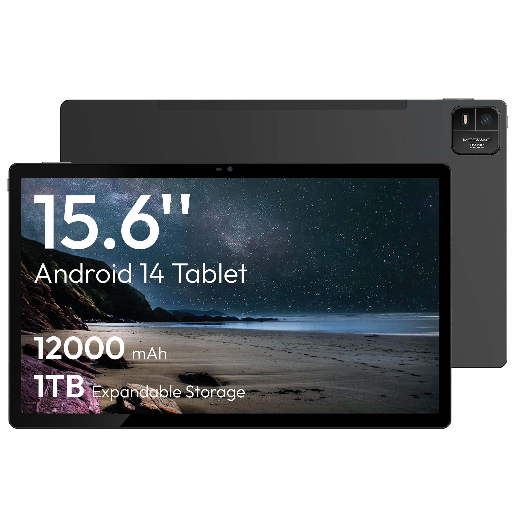 Photo 1 of MESWAO 15.6 Inch Android 14 Tablet, 2025 Large Tablet with1080 IPS HD Display Big Screen, 8-Core, 6GB+128GB, Support 1TB TF Card, 12000mAh Long Lasting Battery for Movie/Work-Space Gray