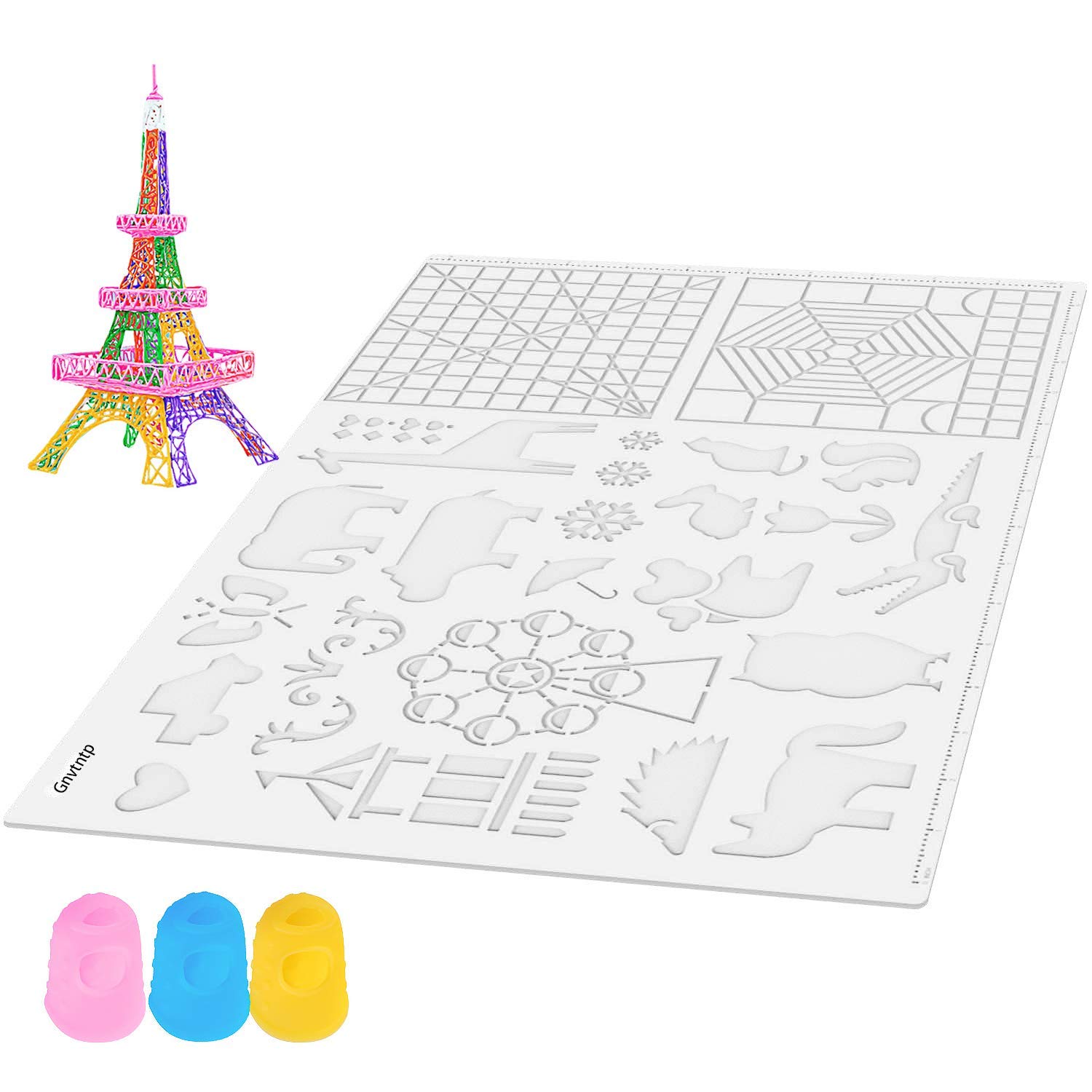 Gnvtntp 3D Pen Mats, with 3D Drawing Stencils Basic Templates,16.5x11 in, Pack with Extra Gift 2 Silicone Finger Caps–Transparent 3D Pen mat for Kids & Adults STEM Activity,Great Christmas Gift