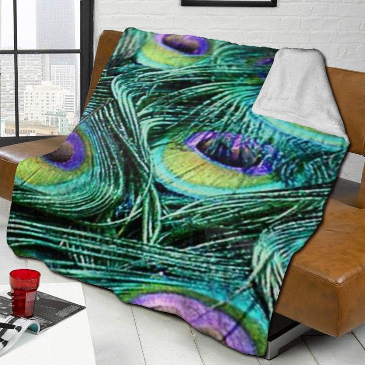GREENYU Fleece Blanket,Peacock Feather Throw Blanket Soft