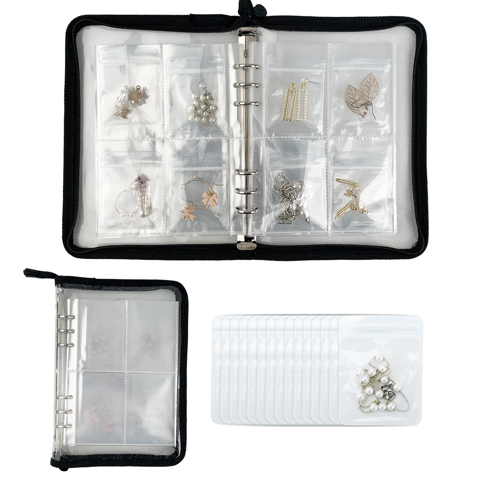 Transparent Jewelry Storage Book Jewellery Organiser with Pockets Earring Storage Jewelry Display Organizer Book Album with 80 Grids+30 Anti-Oxidation PVC Bags for Earring Necklace Rings (black)