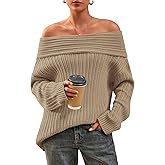CFLONGE Women's Off The Shoulder Sweater Long Sleeve Oversized Ribbed Knit Fall Pullover Tops Winter Sexy Going Out Outfits
