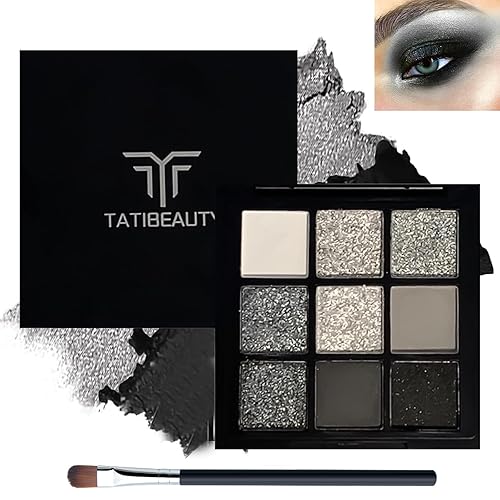 Silver Eyeshadow Black Eyeshadow Palette, Smokey Glitter Silver Gothic Eye Shadow 9 Colors Black Silver Gray White Eyeshadow Makeup Palette,Longlasting Waterproof Cool Smoky Eye Shadow