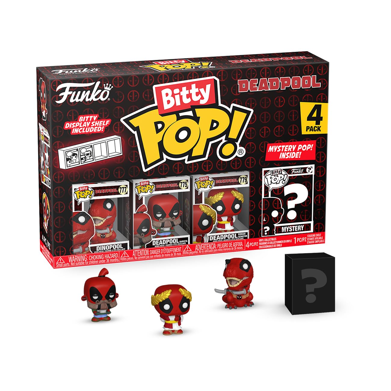 Funko Pop! Dinopool, Deadpool (Barista), Deadpool (Roman Senator), and Mystery Figure - 0.9 Inch Collectable With Stackable Display Shelf