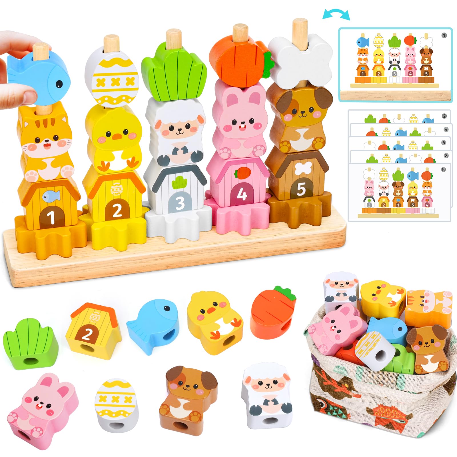 Montessori Wooden Stacking Toddler Toys: Gifts for 2 3 4 Year Old Boys Girls - Sorting Blocks Educational Fine Motor Skills Games for 2-5 Years - Kids Toys for Girl Boy Preschool Learning Sequence Set