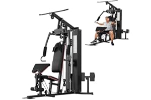 Multifunctional Home Gym Equipment, 150LB Weight Stack Workout Station with High/Low Pulley System & Leg Press for Full Body 