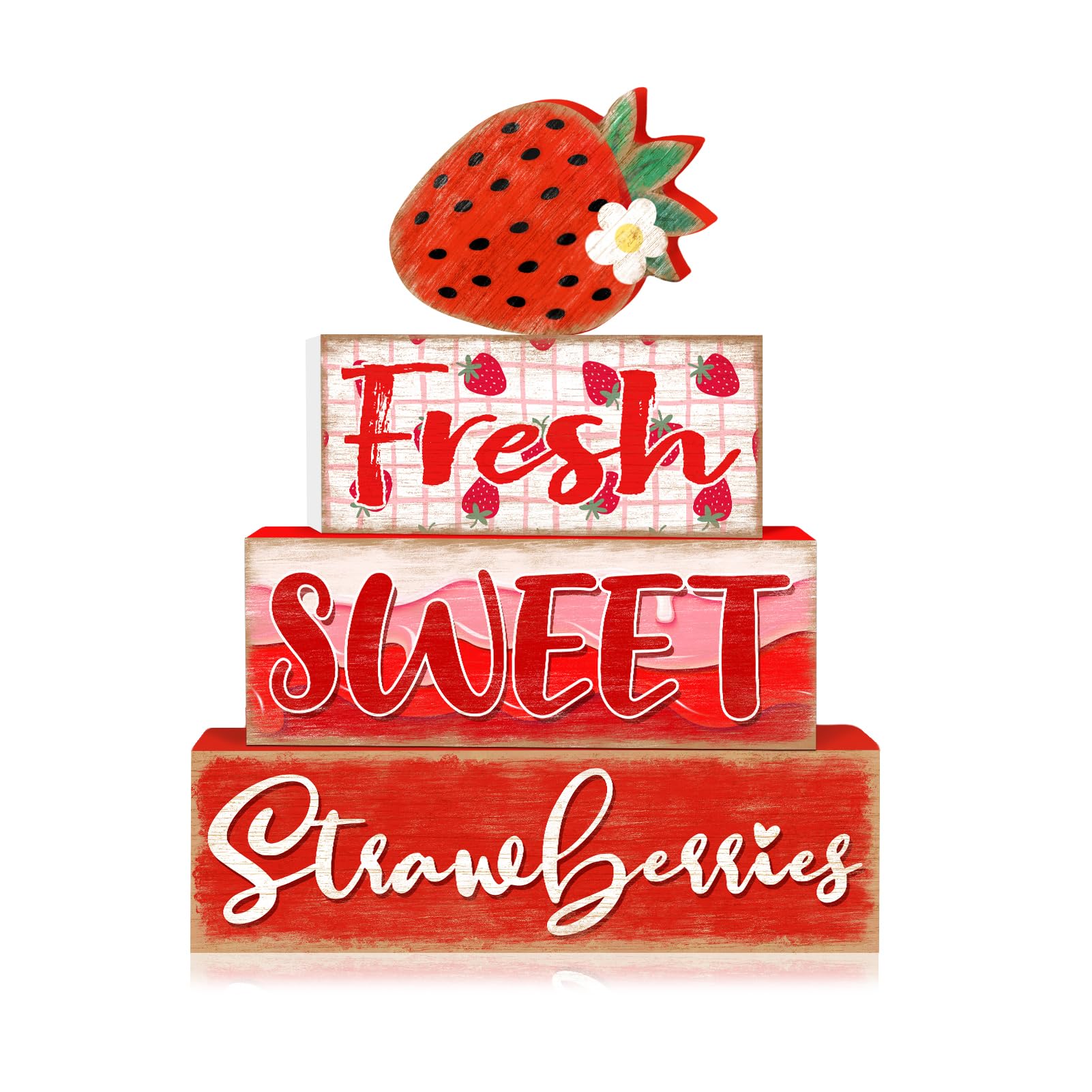 Photo 1 of Britimes 4 Pcs Strawberry Decor Summer Wooden Tiered Tray Set, Strawberry Table Décor Farmhouse Rustic Wooden Coffee Table Centerpieces for Home kitchen Office Decorations (Strawberry Style)