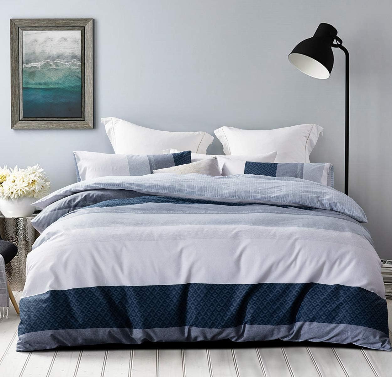 Amazon Com Duvet Cover Set 600 Thread Count Cotton White And Navy Striped Patchwork Comforter Cover Set Reversible Quilt Cover King Greekn Lump Home Kitchen