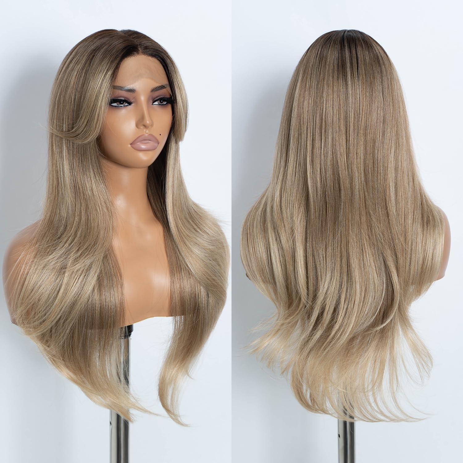 Style Icon Long Layered Wig with Curtain Bangs Blonde Synthetic Lace Front Wig 26 inch Layered Wave Wig for Women 13x5x1 Middle Part Pre Plucked Heat Resistant Synthetic Wigs for Daily Party Use — image 1