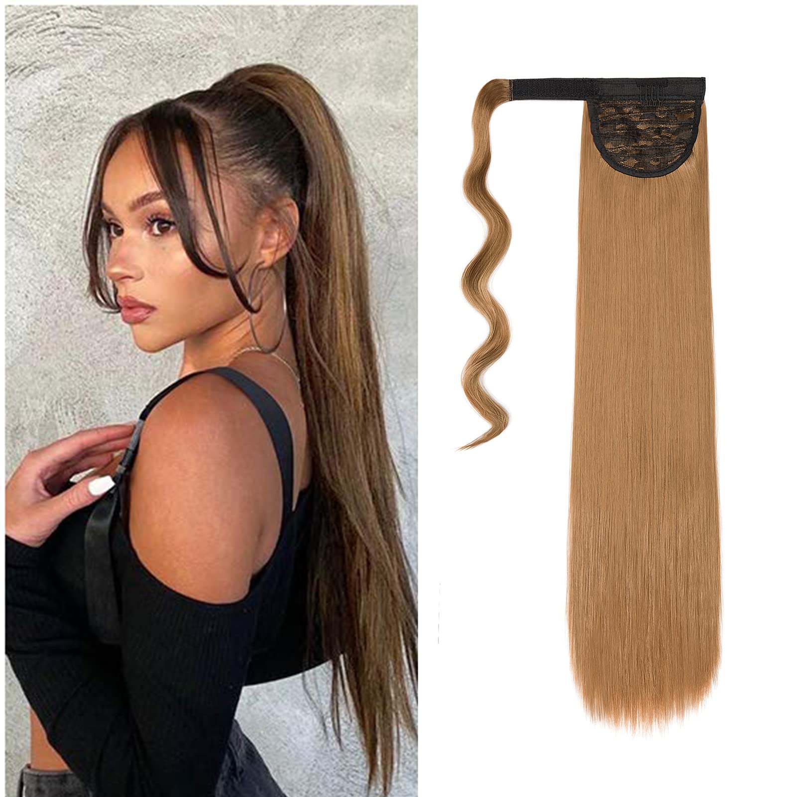 Cybelleza Ponytail Hair Extension Straight Wrap Around Pony Tail Clip in Hair Extensions Hairpiece Synthetic Long for Women (Dark Blonde) — image 1