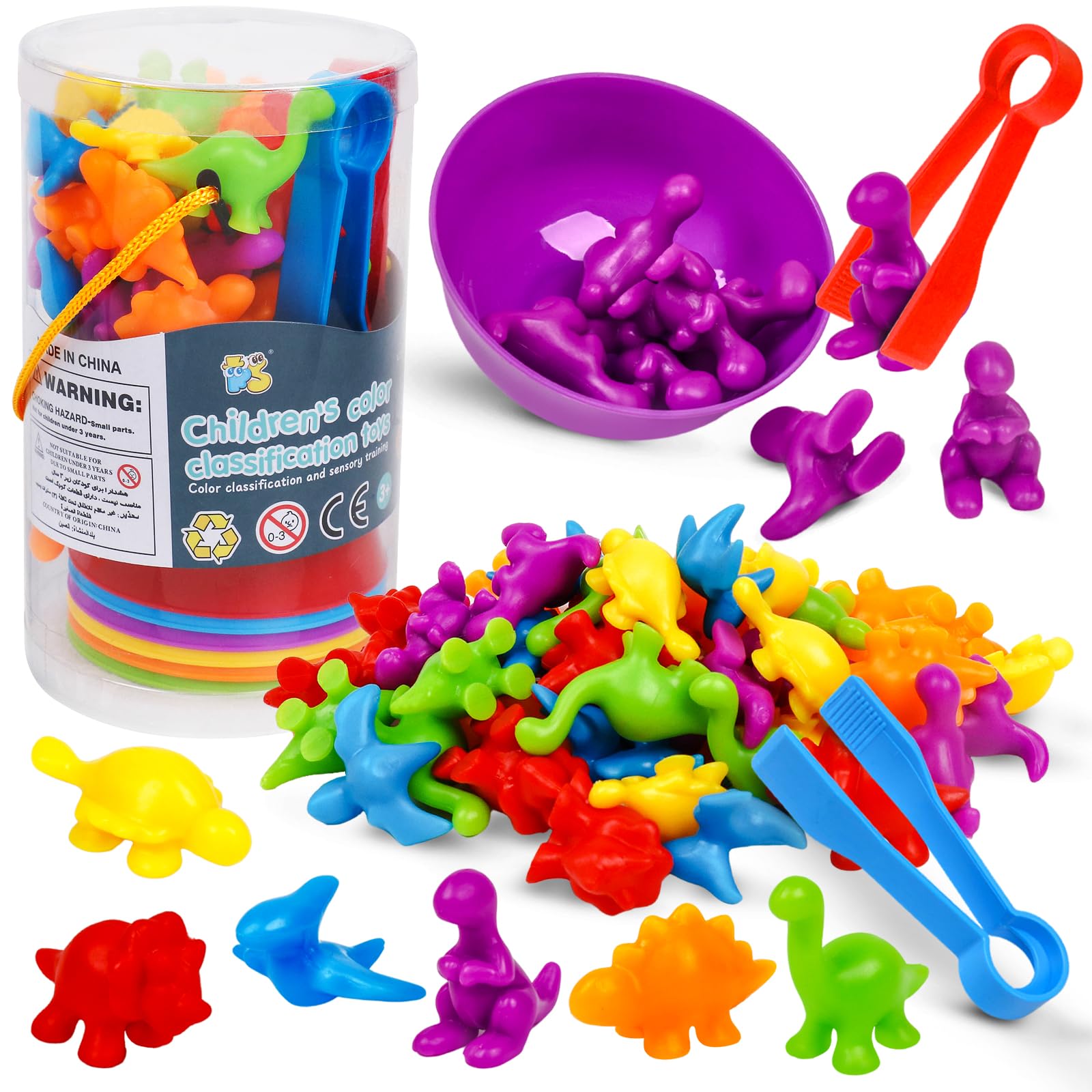 NAODONGLI Counting Dinosaurs Color Sorting Toys with Rainbow Bowls,Sensory Training & Counting Activity Montessori Education Learning Activities Easter Basket Stuffers Gifts for Boys Girls