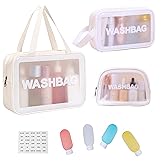 GAOKEINER Waterproof Clear Frosted Travel Toiletry Bag For Men & Women: 3-Size Handle Cosmetic Case + 4 Pre-Labeled 2Oz Bottles & Sticker. Large Washbag Organizer. (Pristine White)