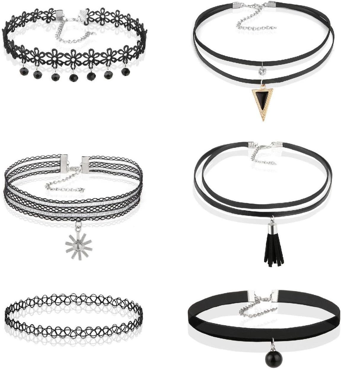6 Pcs Women's Choker Necklace for Lady Girls Black Velvet Lace Stretch Tattoo Chokers Tassel Necklaces