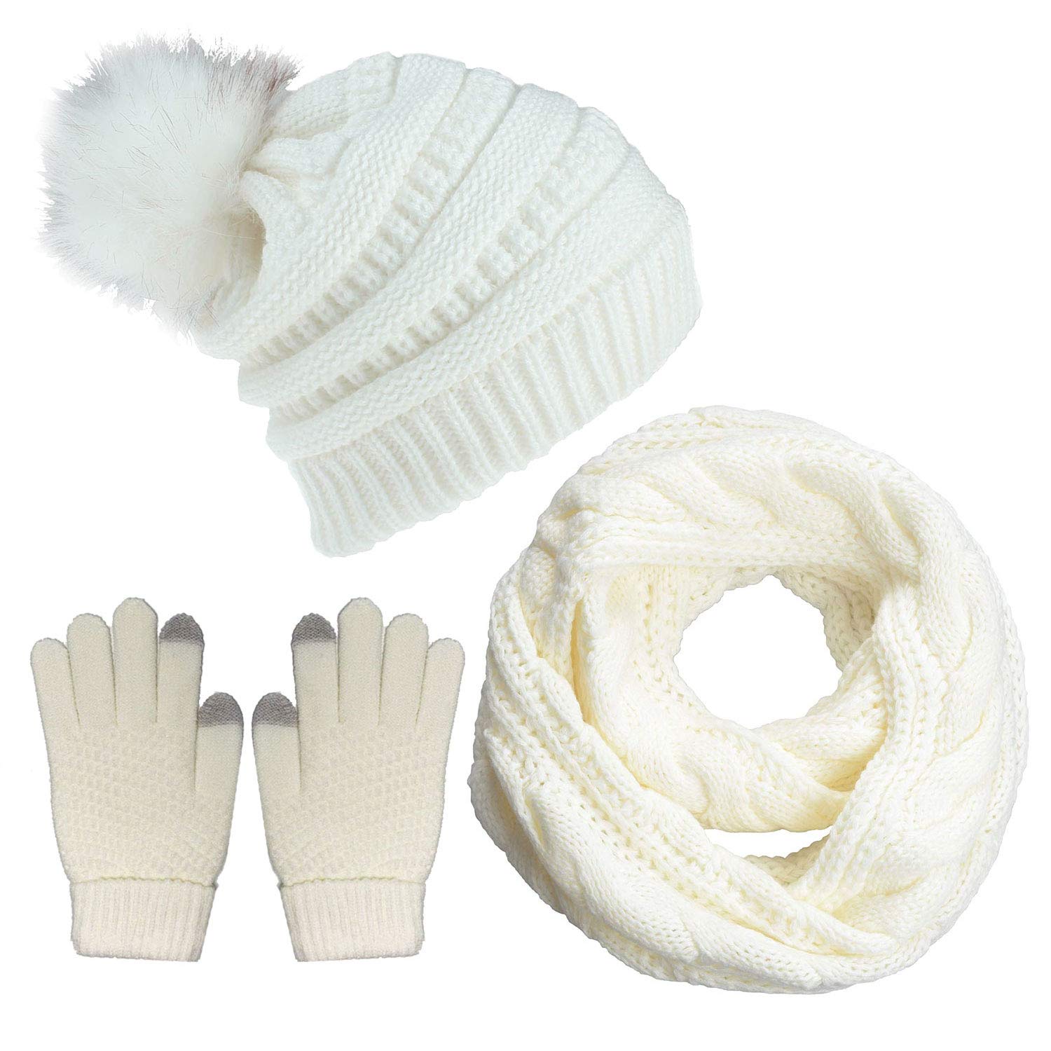CheChury Women Winter Hat Scarf and Gloves Set Soft Warm Thick Knitted Pom Cap Touch Screen Gloves Loop Scarf 3 PCS Set,White,One size