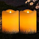 Solar Candles Outdoor Waterproof, 2 Pack 3"x4" Rechargeable Solar Flameless Pillar Candles, Dusk to Dawn Outdoor Lights for Lanterns, Garden, Patio, Porch, Backyard, Warm Amber Glow Memorial Gifts