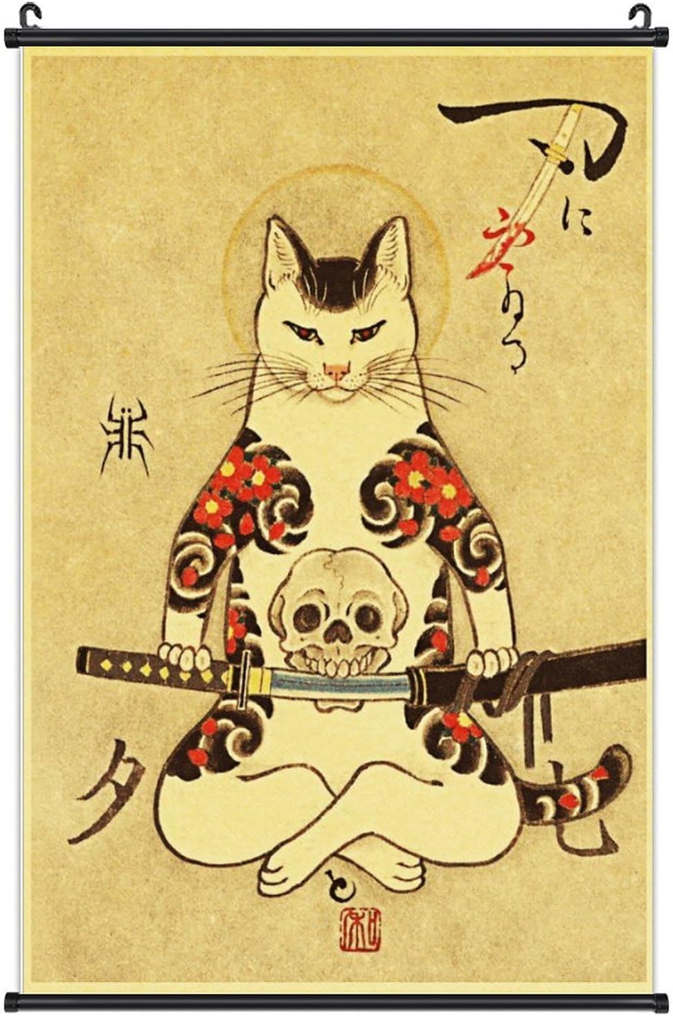 Paintings - A Wide Variety of Vintage Retro Japanese Samurai Cat Tattoo 13 Wall Scroll Hanging Decor（16x24 in）