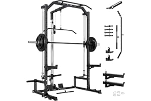 Smith Machine Home Gym with LAT Pulldown System, Multifunctional Power Rack with Pull-Up Bar, Landmine, Low Row Bar & Pro Att