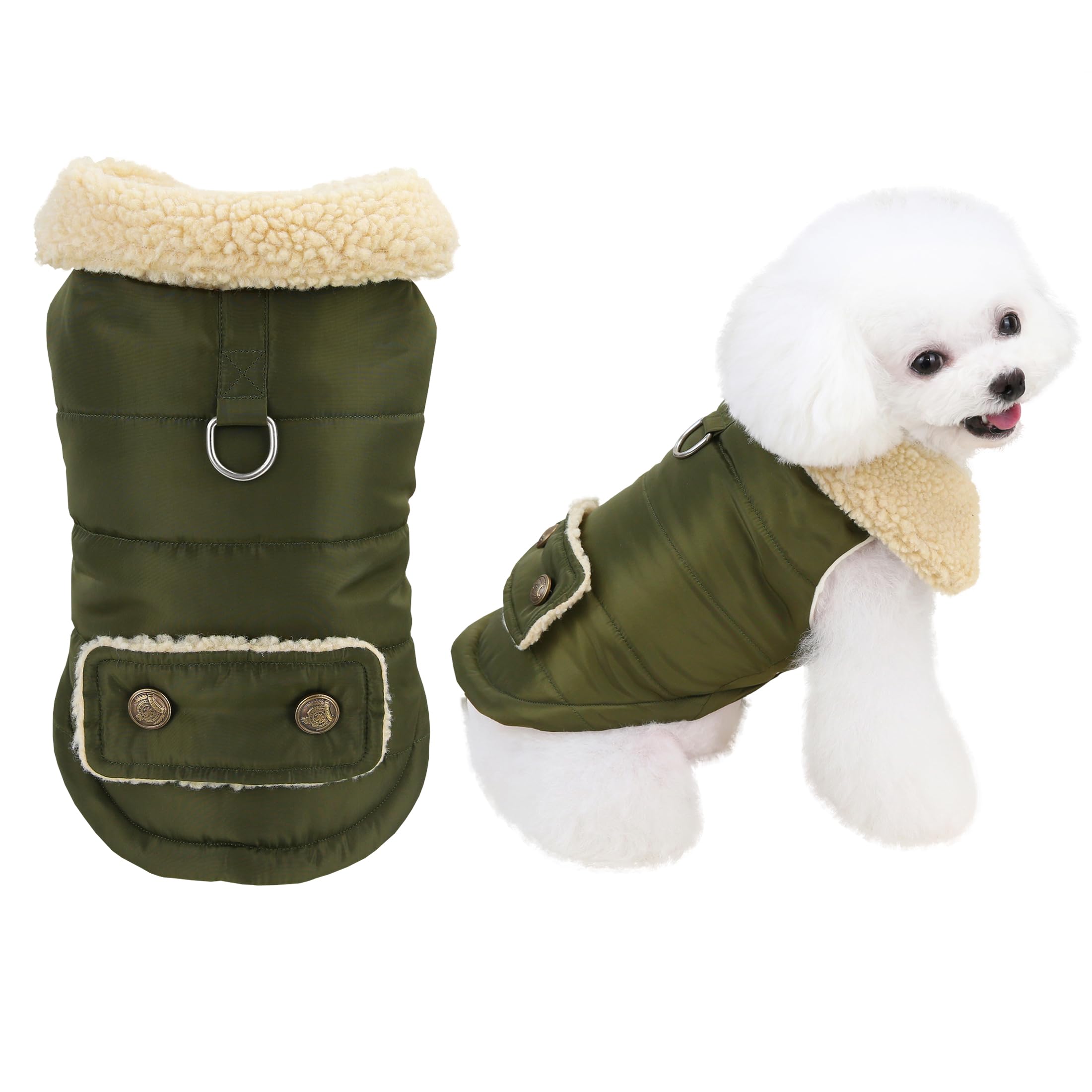 Izefia Dog Coat for Small Dog Cold Weather Windproof Jacket Warm Sweater Winter Thick Clothes Fleece Collar Nordic Style Medium Cat Green XXL