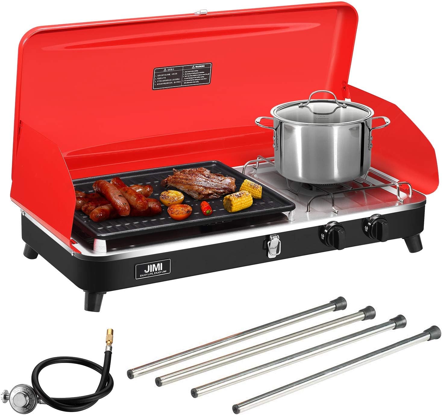 review PUPZO Liquid Propane Grill,2 Burner Grill/Stove Portable Barbecue Grill Outdoor Cooking Camping Stove Stainless Steel Red